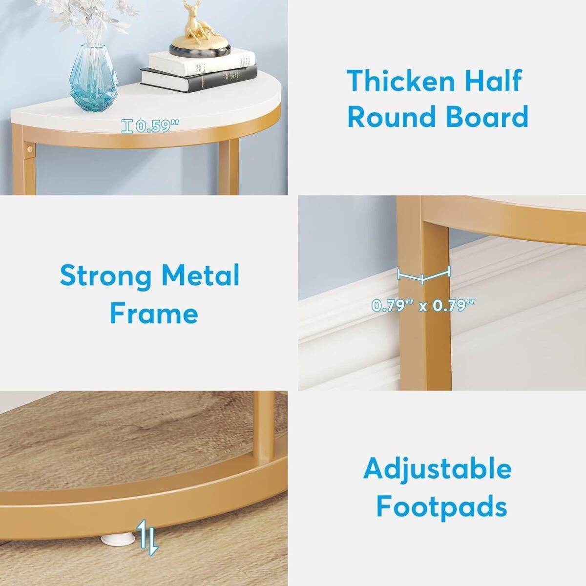 Modern Narrow Sofa Couch Tea Table for Living Room Bedroom, Iron Frame Half Round End Table, Semi Circle Side Table with Open Storage Shelf - Image 3