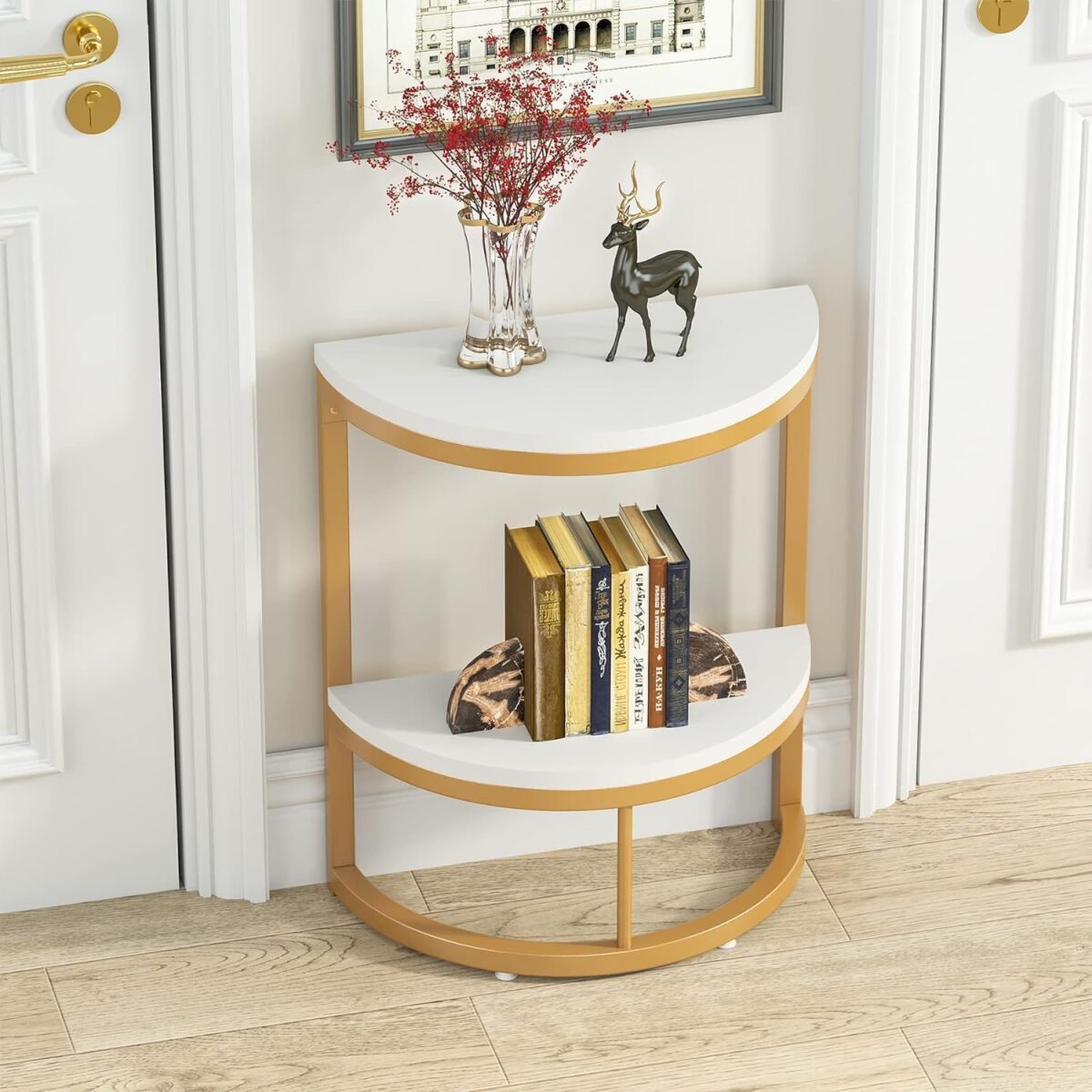 Modern Narrow Sofa Couch Tea Table for Living Room Bedroom, Iron Frame Half Round End Table, Semi Circle Side Table with Open Storage Shelf