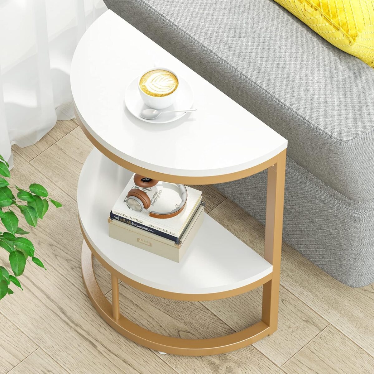 Modern Narrow Sofa Couch Tea Table for Living Room Bedroom, Iron Frame Half Round End Table, Semi Circle Side Table with Open Storage Shelf - Image 2
