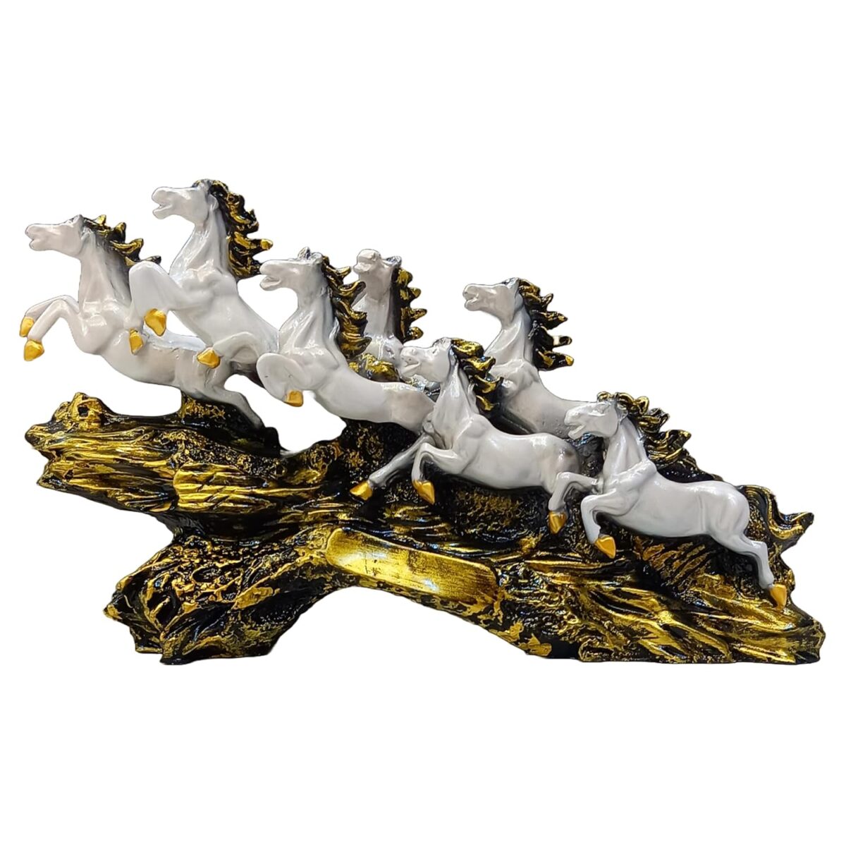 Marble 7 Running Horse Statue, White Horses on Golden Wave Base, 45 cm | Elegant Home Decor Accent for Living Room, Office, Hall, & Shelf