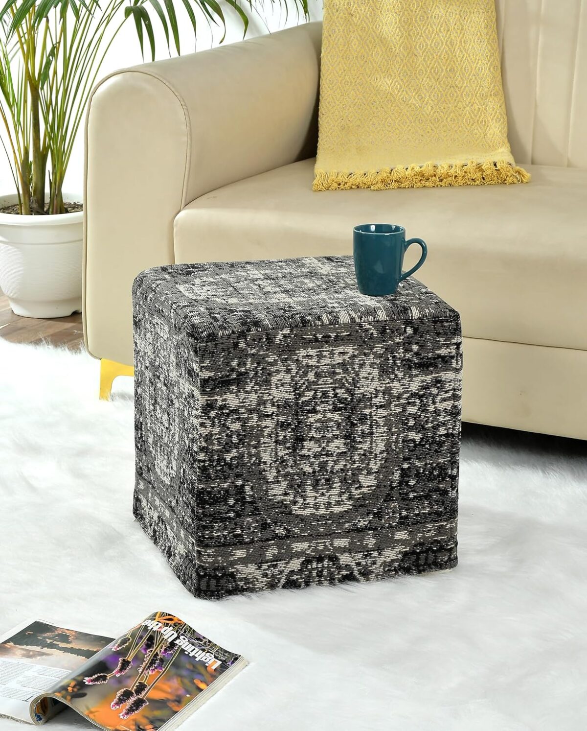 Polyester Square Jacquard Ottoman Stool for Living Room Bedroom Home Thermocoal Block Designed Sitting Footstool Pouffe