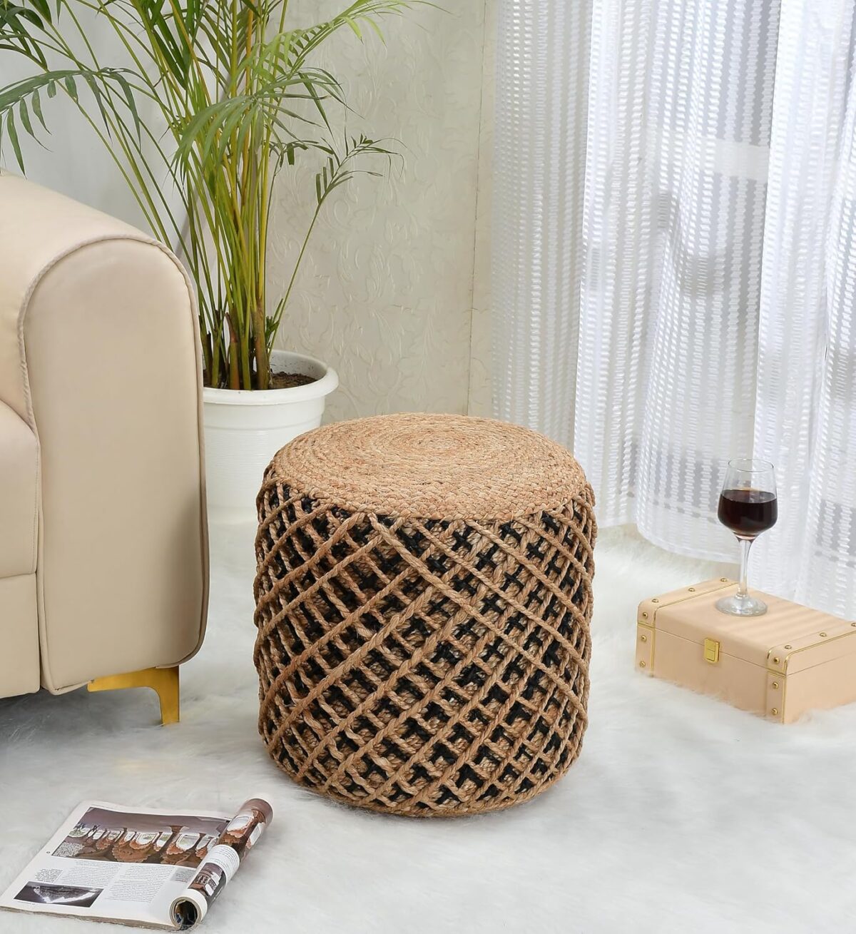 Jute Braided Round Ottoman Stool for Living Room Bedroom Home Sitting Footstool Pouffe