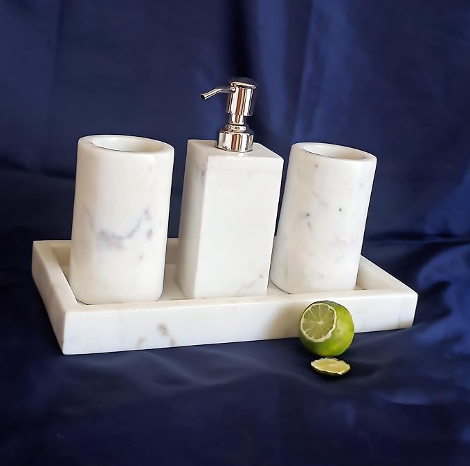 4 Peice Marble Bathroom Accessories Set | Dispenser, Tumbler, Toothbrush Holder & Tray | Accessories & Organiser for Bathroom, Living Room & Kitchen | Gifting Item | White