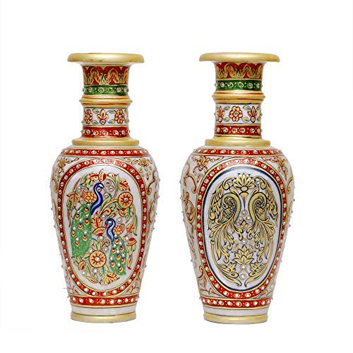 Decorative Marble Flower Vase | Round Shape Beautiful Peacock with Feathers Handpainted Showpiece Vases for Home Decoration (Multicolor, 12.5×12.5×30 cm) 12 Inch